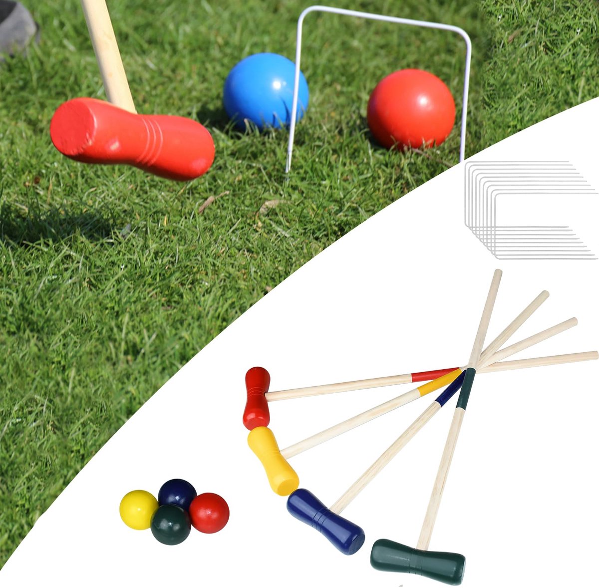NAIZY Krocket Spel Kinderen Cricket Set Hout Volwassenen Croquet voor 4 Spelers met Pinnen, Slagmatten, Poortjes en Ballen, Traditioneel Houten Speelgoed Tuinspel