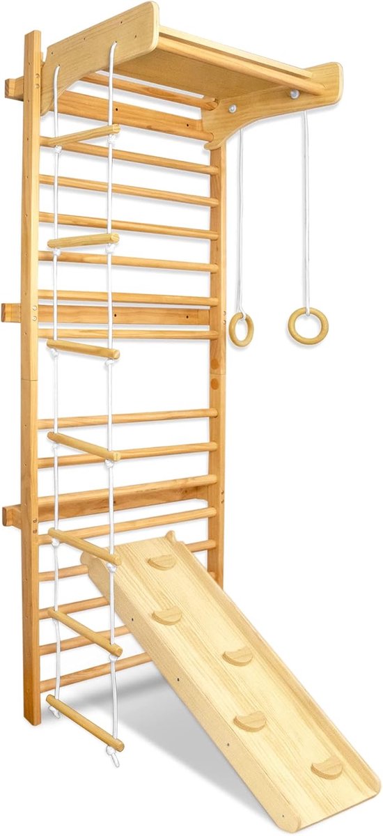   wandrek 6-in-1 turntoestelset klimwand houtlook klimrek 215cm turnwand inclusief wandrek, driehoeken, turnringen, ladders, glijbanen/klimplanken, max. tot 100KG