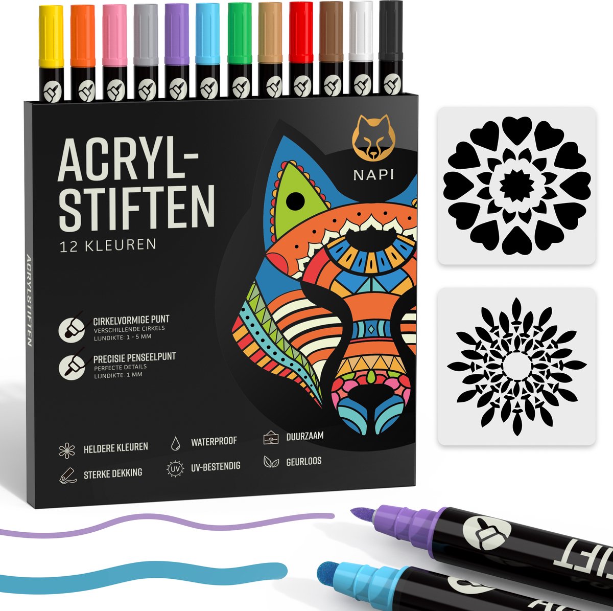 NAPI 12 Acrylstiften Dual Tip - Twinmarkers - Verfstiften Happy Stones - Stenen Schilderen met Acryl Verf Marker Stiften - Volwassenen en Kinderen - Incl. 2 Mandala Sjablonen