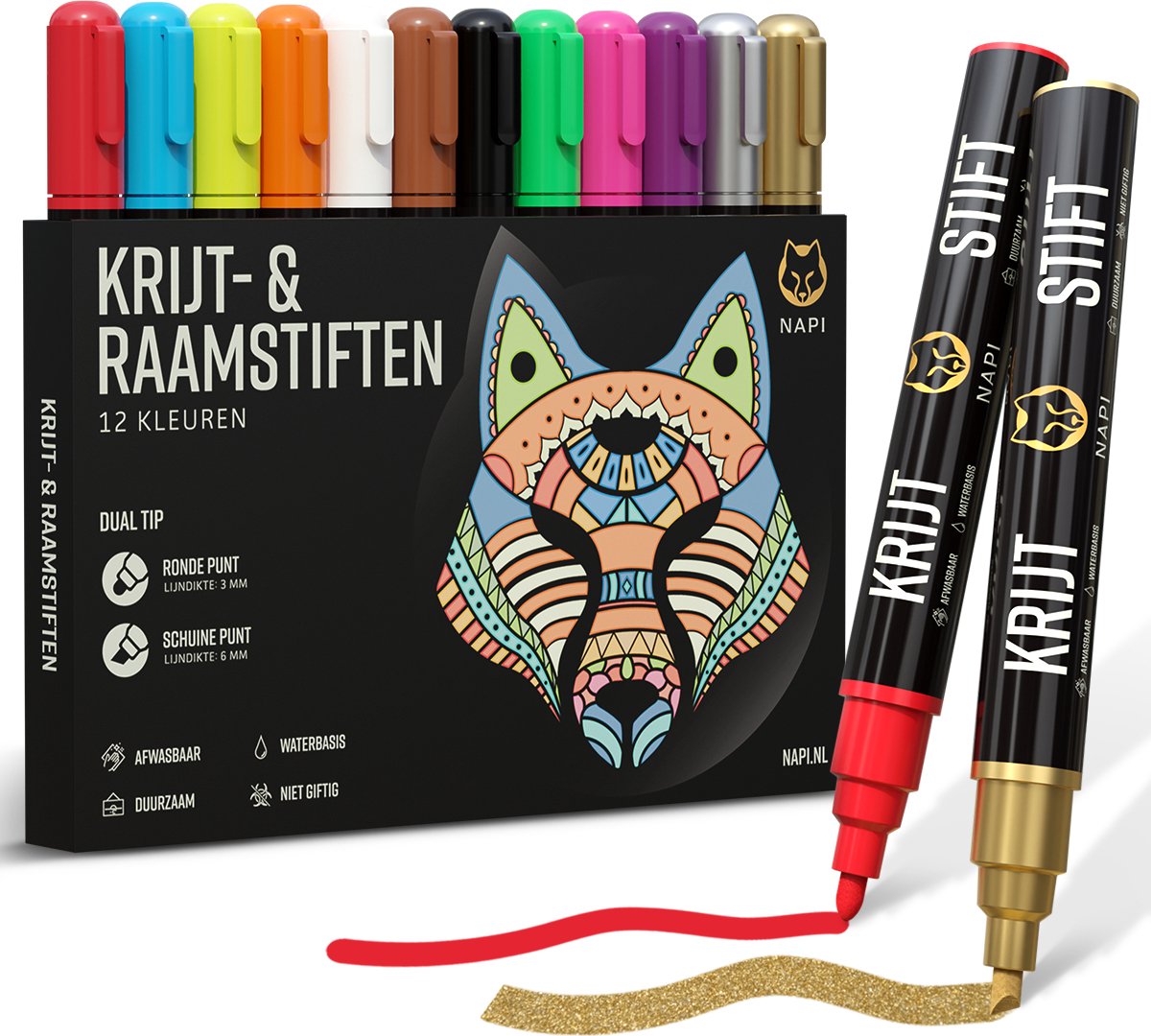 NAPI 12 Raamstiften - Afwasbaar - Krijtstiften voor Krijtbord & Raam - Omkeerbare Punt 3-6mm - Whiteboard Stiften - Whiteboardmarkers - Krijtstift Markers - Glasstiften - Krijtmarker - Porselein - Glas - 12 Kleuren
