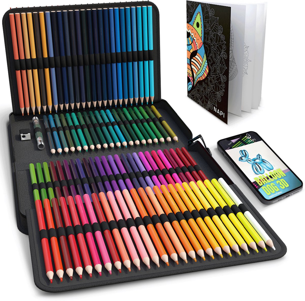 NAPI 120 Professionele Kleurpotloden in Luxe Map - Inclusief Video Cursus & Mandala Kleurboek voor Volwassenen en Kinderen - Tekenset op Oliebasis - Set van 120 Potloden incl. Accessoires