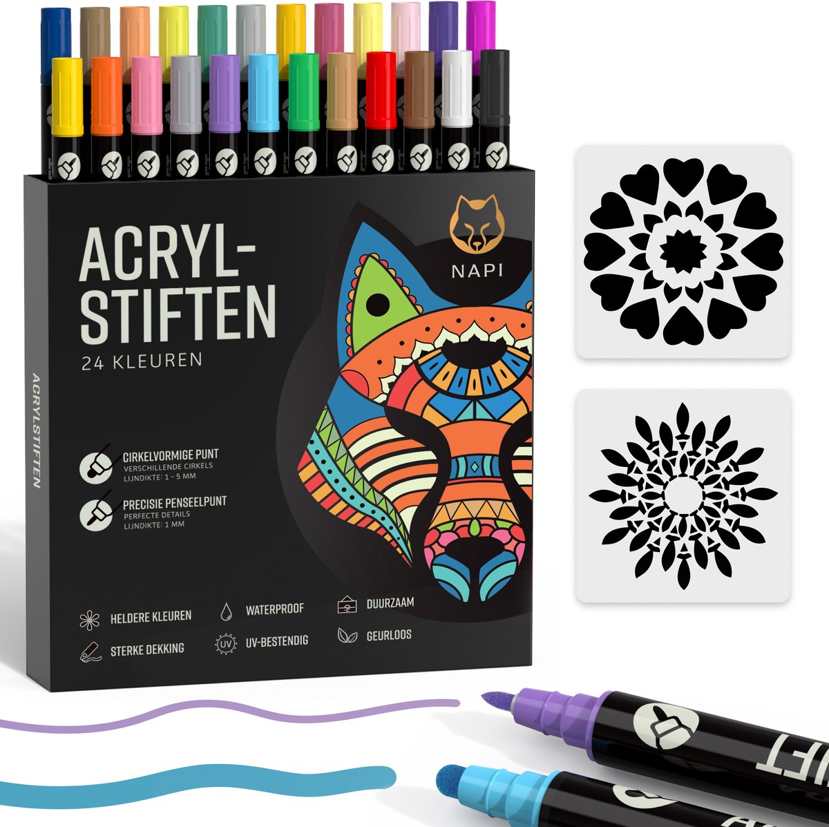 NAPI 24 Acrylstiften Dual Tip - Twinmarkers - Verfstiften Happy Stones - Stenen Schilderen met Acryl Verf Marker Stiften - Volwassenen en Kinderen - Incl. 2 Mandala Sjablonen
