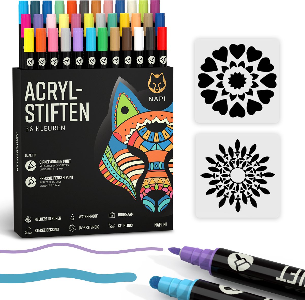 NAPI 36 Acrylstiften Dual Tip - Twinmarkers - Verfstiften Happy Stones - Stenen Schilderen met Acryl Verf Marker Stiften - Volwassenen en Kinderen - Incl. 2 Mandala Sjablonen