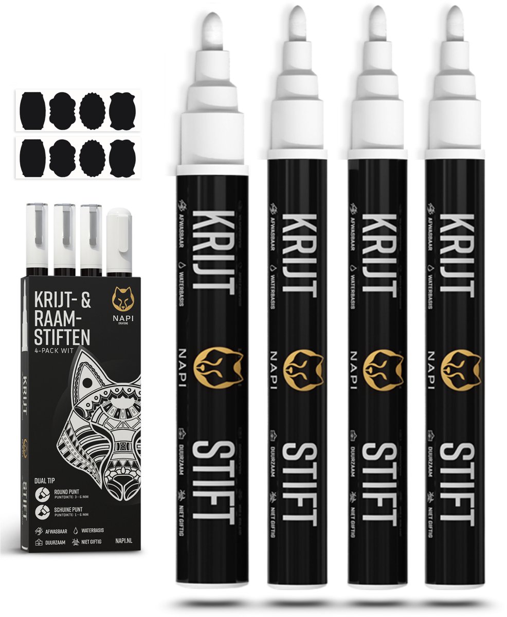 NAPI 4 Krijtstiften Wit - Afwasbaar - Raamstiften 3 & 6mm - Krijtstift Markers voor Krijtbord & Raam - Whiteboard Stiften - Whiteboardmarkers – Glasstiften - Krijtmarker - Porselein - Glas - Incl. 20 Stickers