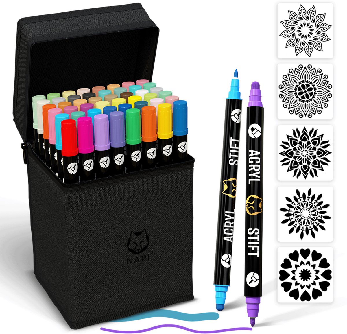 NAPI 48 Acrylstiften Dual Tip - Twinmarkers - Verfstiften Happy Stones - Stenen Schilderen met Acryl Verf Marker Stiften - Volwassenen en Kinderen - Incl. 5 Mandala Sjablonen