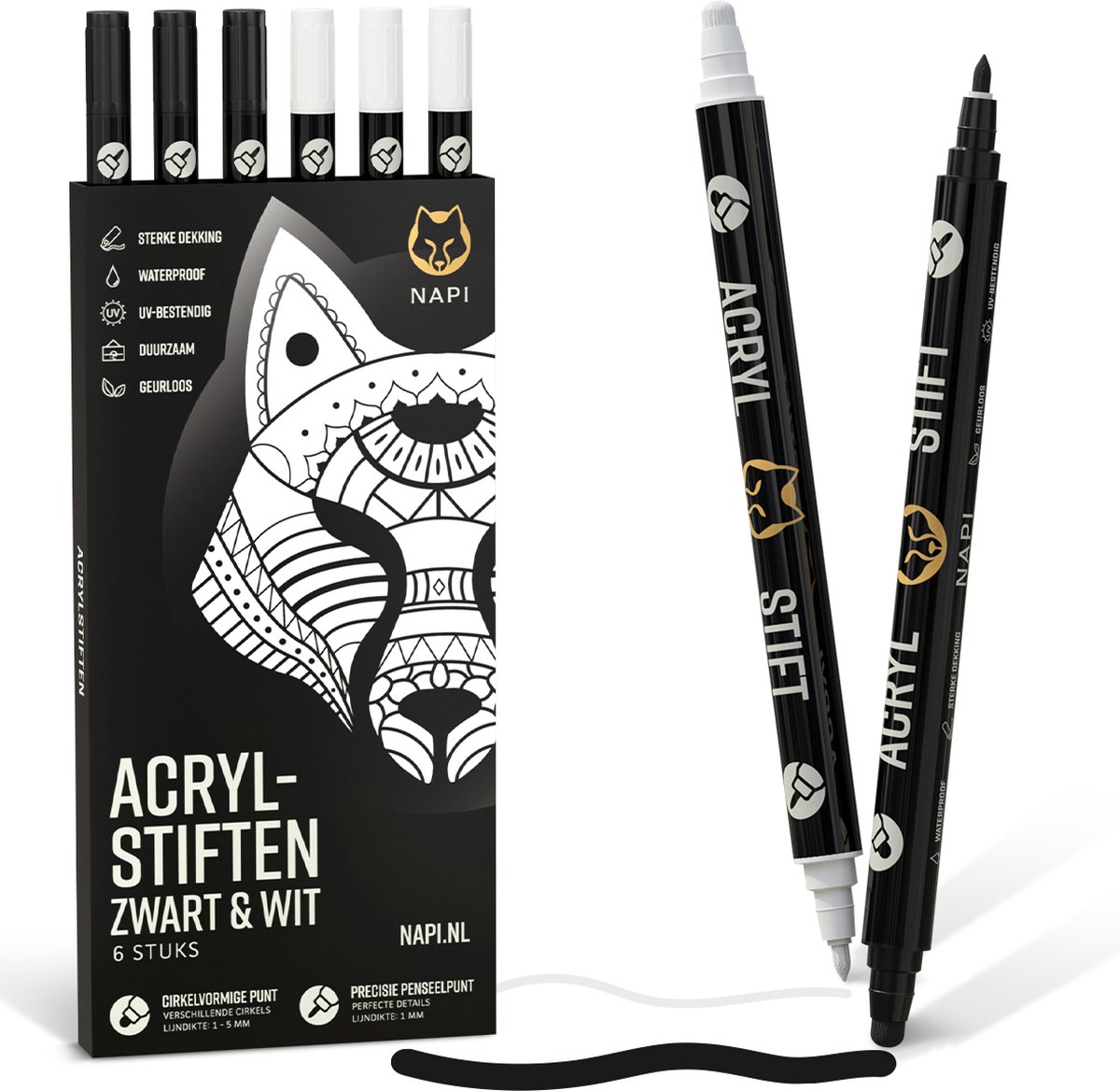 NAPI 6 Acrylstiften Dual Tip - Zwart/Wit - Verfstiften Happy Stones - Twinmarkers - Stenen Schilderen met Acryl Verf Marker Stiften - Volwassenen en Kinderen