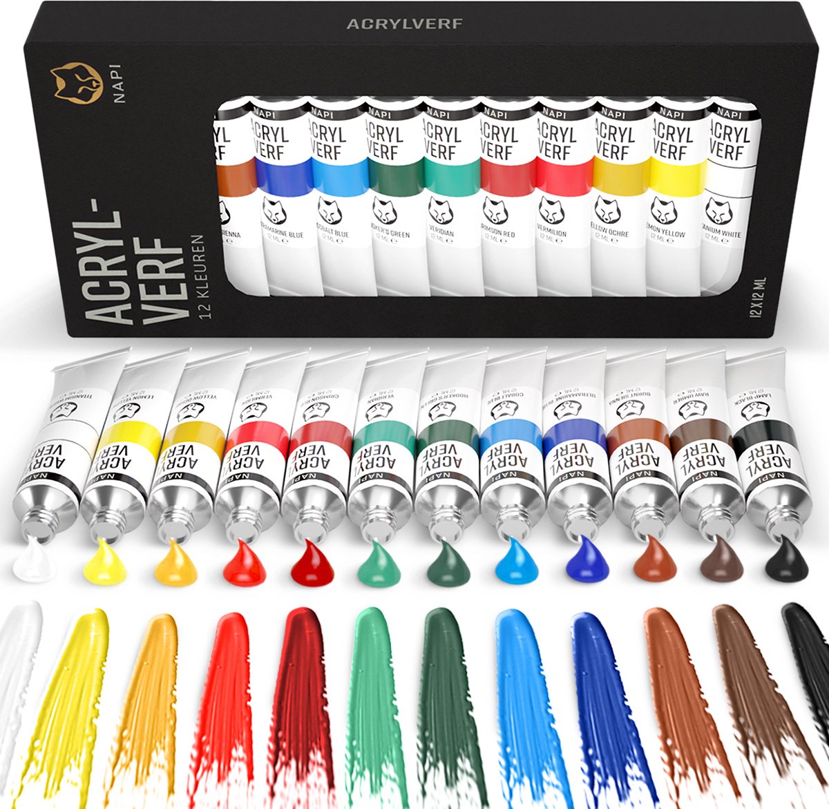 NAPI Acrylverf 12 Tubes + Kleurencirkel - Hobbyverf Set - 12ML Tubes - Schilderen Acryl Verf - 12 Kleuren