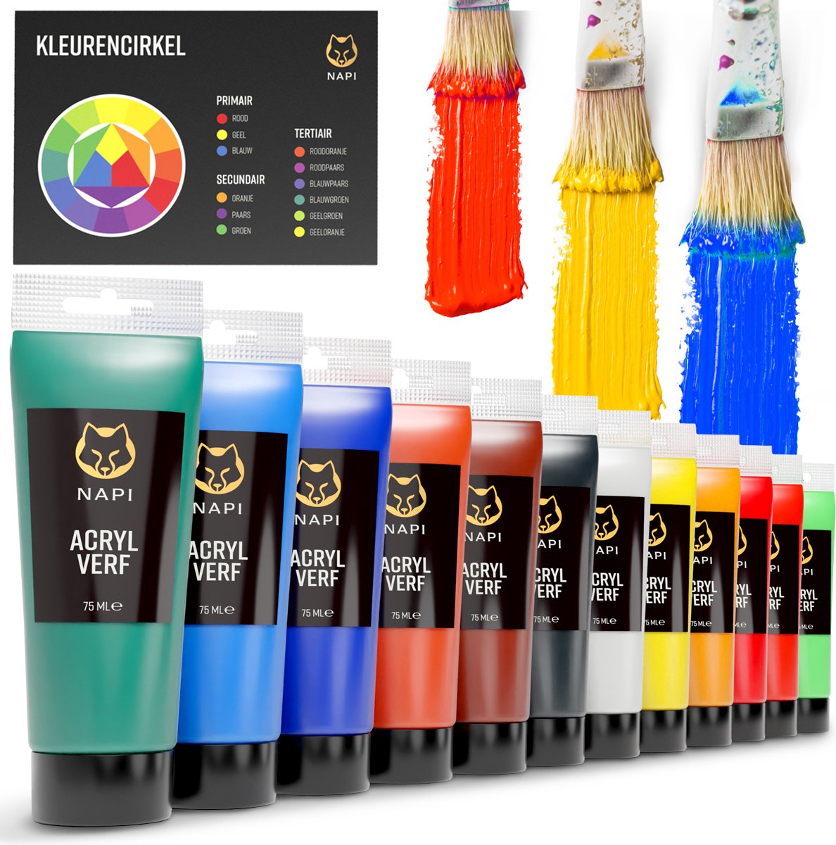 NAPI Acrylverf 12x75 ML - Grote Flessen - Inclusief Kleurencirkel - Voordeel Set - Hobbyverf - Schilderen Acryl Verf - 12 Kleuren