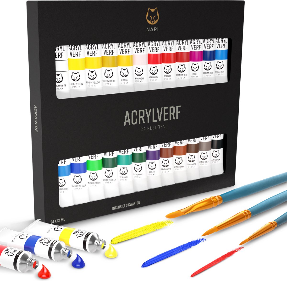 NAPI Acrylverf 24 Kleuren + 3 Penselen - Klaar voor Gebruik - Inclusief Kleurencirkel - Hobbyverf Set - Schilderen Acryl Verf - 24 Tubes