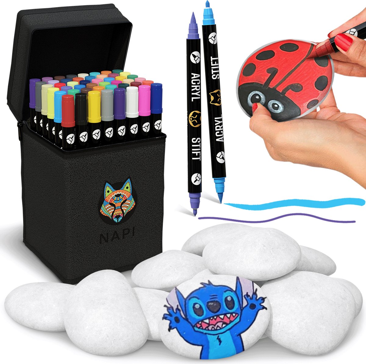 NAPI Happy Stones Pakket - 48 Acrylstiften & 12 Witte Keien - Stenen Schilderen - Handgeselecteerd - Acryl Verf Marker Stiften - Twinmarkers Volwassenen en Kinderen - Incl. 2 Mandala Sjablonen