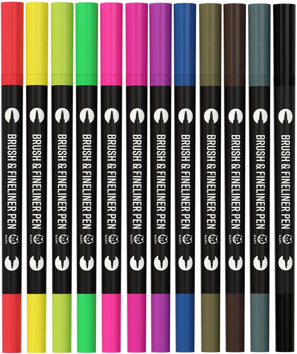 NAPI Twinmarkers - 12 Stiften voor Volwassenen - Dubbelzijdige Brushpennen - Fineliners Kleur - Handlettering - Bullet Journal Accessoires - Brush Pennen Aquarel - Markers Kinderen - Markeerstiften Incl. 2 Mandala Sjablonen