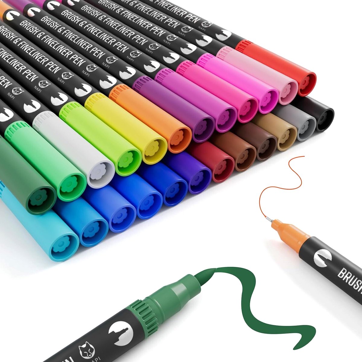 NAPI Twinmarkers - 24 Stiften voor Volwassenen - Dubbelzijdige Brushpennen - Fineliners Kleur - Viltstiften Handlettering - Bullet Journal Accessoires - Brush Pennen Aquarel - Markers Kinderen - Markeerstiften Incl. 2 Mandala Sjablonen