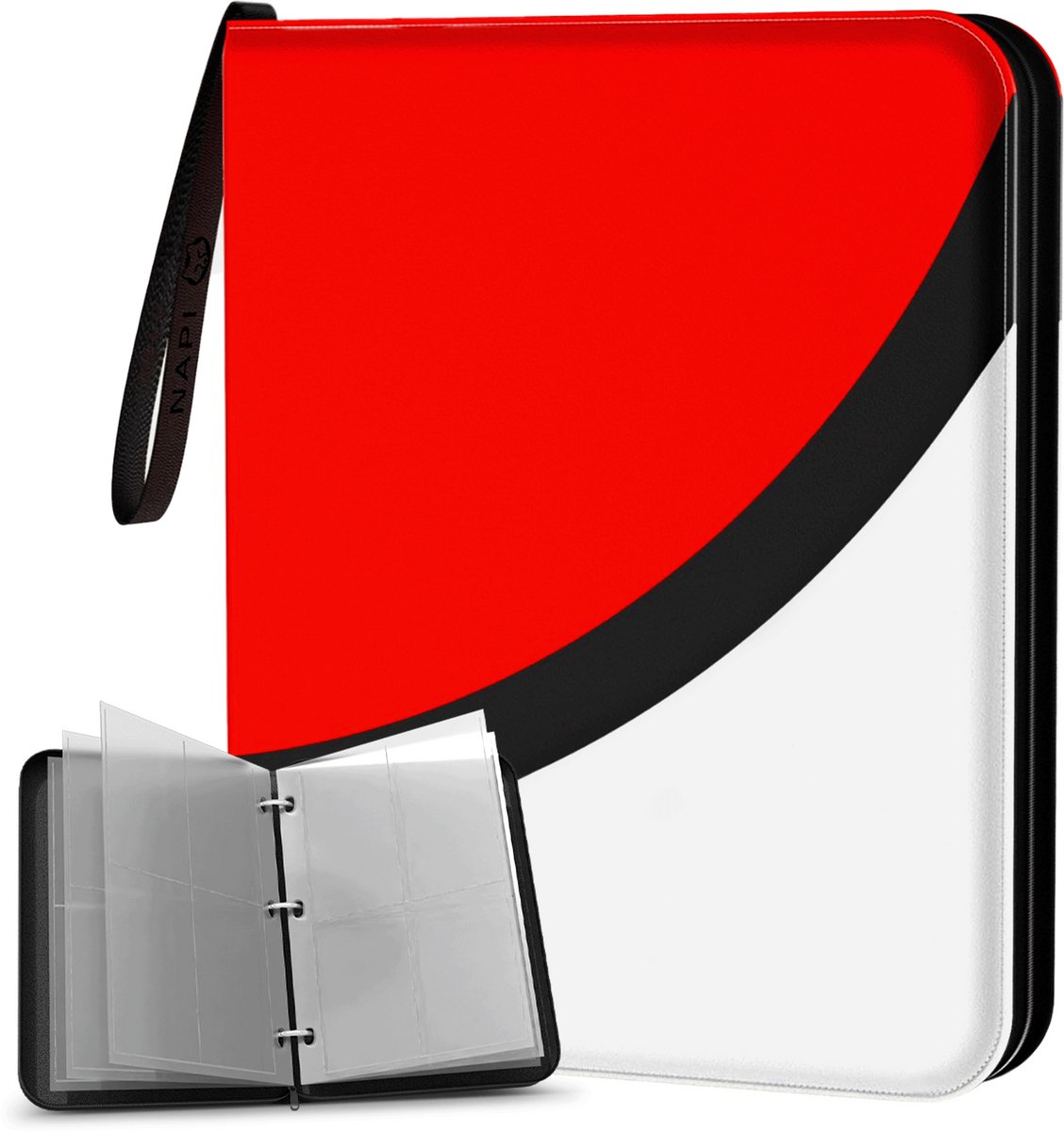 NAPI Verzamelmap voor 400 Kaarten - Binder Map voor Kaarten - 4 Pocket - Kunstleer - Premium Card Binder met Ritssluiting - 50 Paginas - A5 Formaat - Rood/Wit