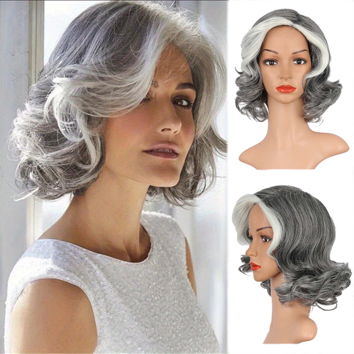 Mistgrijs Golvende Pruik - Synthetisch Hittebestendig Haar met Natuurlijke Glans - Lichte Textuur voor Alledaagse Looks, Feesten & Cosplay