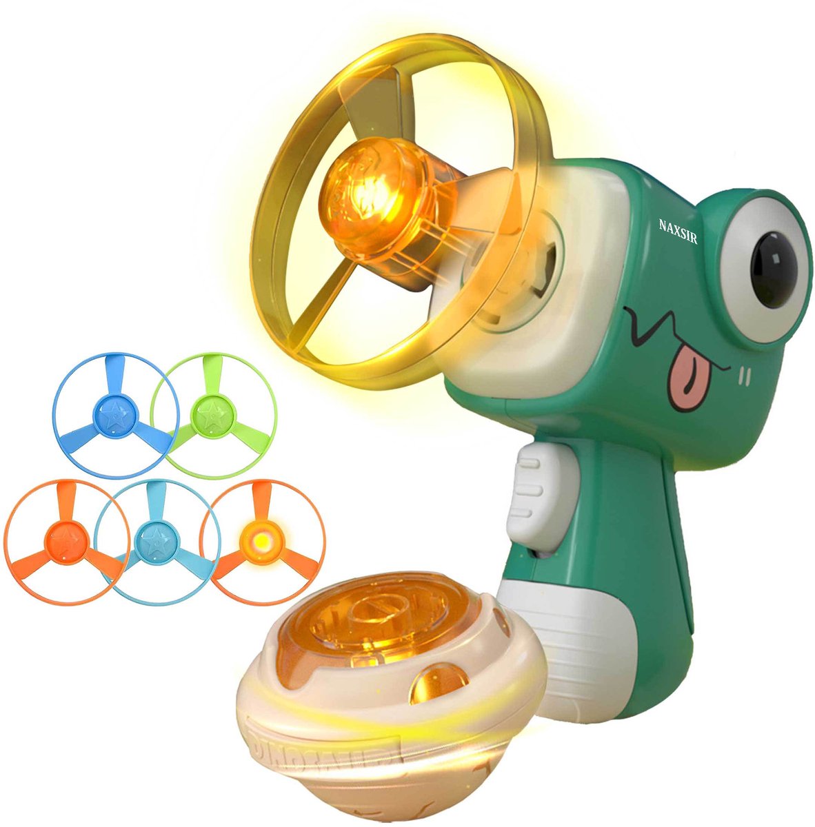 NAXSIR - Gyro Katapult Speelgoedset - 1 Tol & 5 Frisbees - Interactief Kinderen Buitenspeelgoed - Eenvoudig Te Lanceren