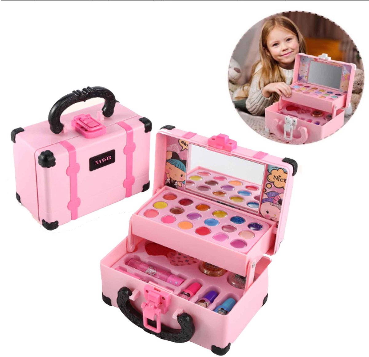 NAXSIR Kinder Make-up Speelgoed Set - Handtas, Insluitend Lipgloss, Oogschaduw, Ruiten, Nagellak & Mooie Make-up Accessoires - voor Meisjes 3-12 jaar