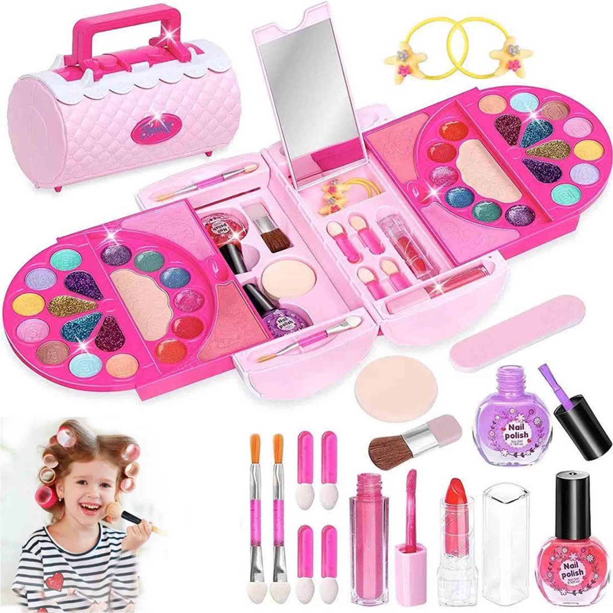 NAXSIR Veilige Kinder Make-up Set meisjes - Roze Handtas - Uitwasbaar - Oogschaduw Lipstift Nagellak
