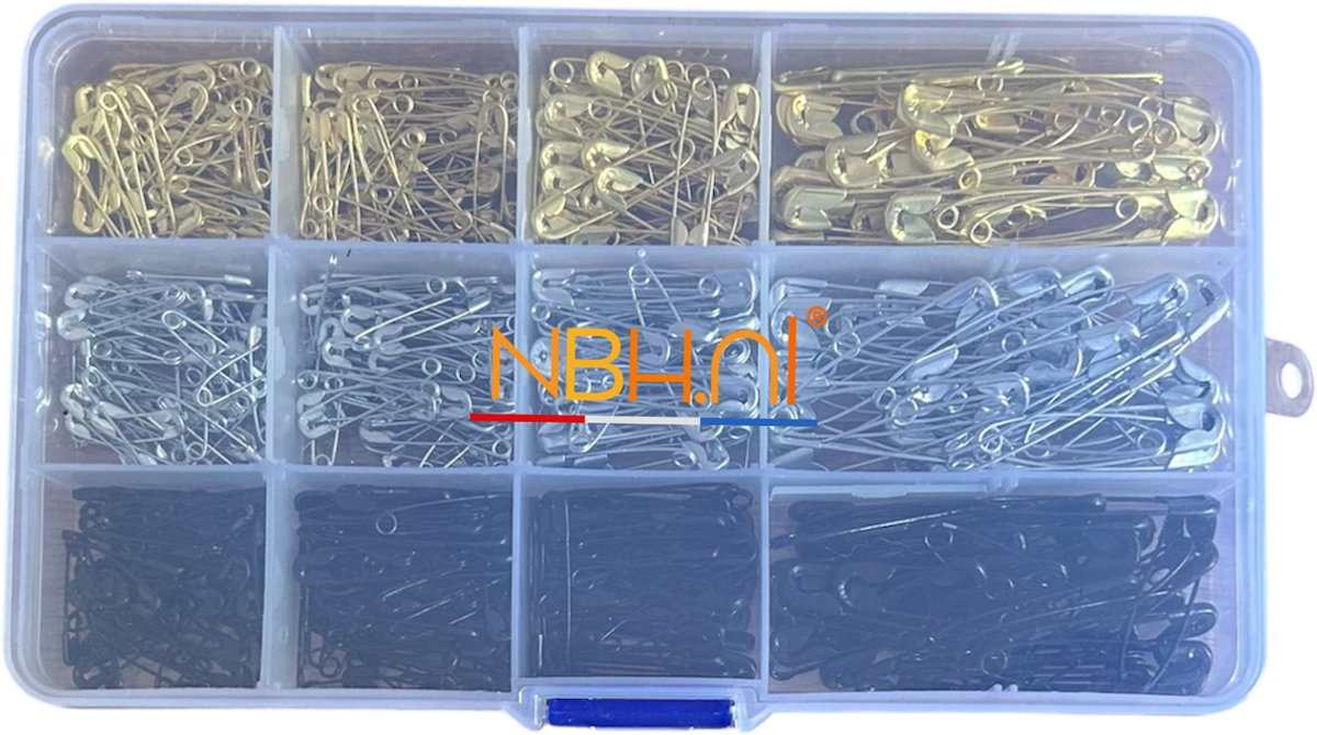 NBH - Circa 540 veiligheidsspelden. 3 verschillende kleuren - Goud, Zilver en Zwart - 4 verschillende maten - 37x40mm - 28x40mm - 22x50mm en 18x50mm