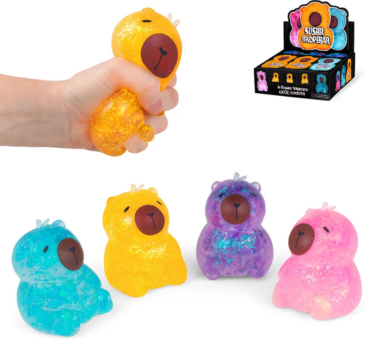 Glitter Capibara Stressbal Suikergel - 1 exemplaar - Kinderen - Volwassenen - Knijpbal - Voor de hand - Spaar ze allemaal - 7 cm