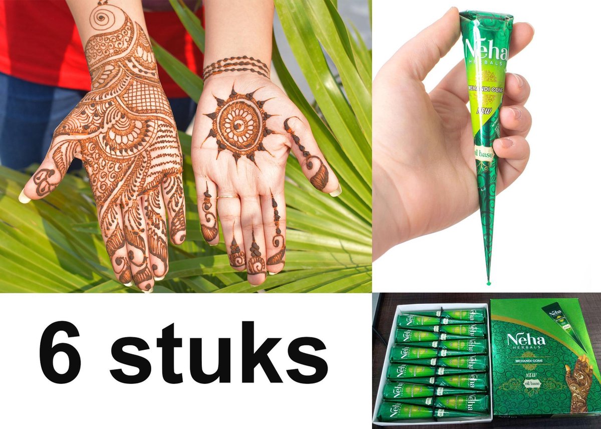 6 Stuks Henna Tattoo - Tijdelijke Tatoeage - Festival Tattoe - Zomer feest tatoeages - Festival Tattoo -   - Henna Tattoo inkt pasta 6 cones 6 tubes 25 Gram/tube - Natuurlijke Kruiden - Henna pasta - 25 gr/tube
