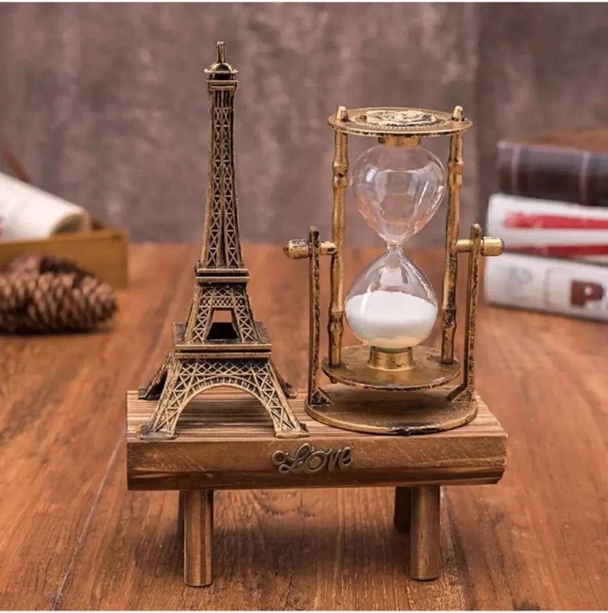 NEWBRENDHOME Eiffeltoren Parijs Zandloper Nostalgisch Decoratief Cadeau Eiffel Retro Zandloper Trinket met houten standaard