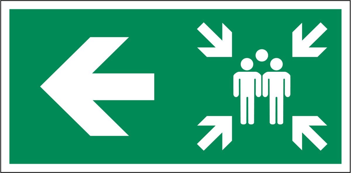 Verzamelplaats sticker TRANSPARANT (voor op een raam) met pijl links 20 x 10 cm