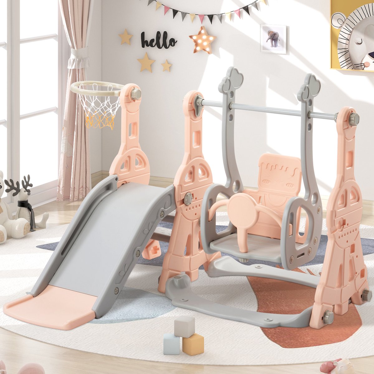 Glijbanen kind - Drie hoogte verstelbare schommels - Antislip treden -   met demping - Schommel met leuningen - Geschikt voor binnen buiten -   - schommel basketbalring in één - 140x118x102 cm - roze
