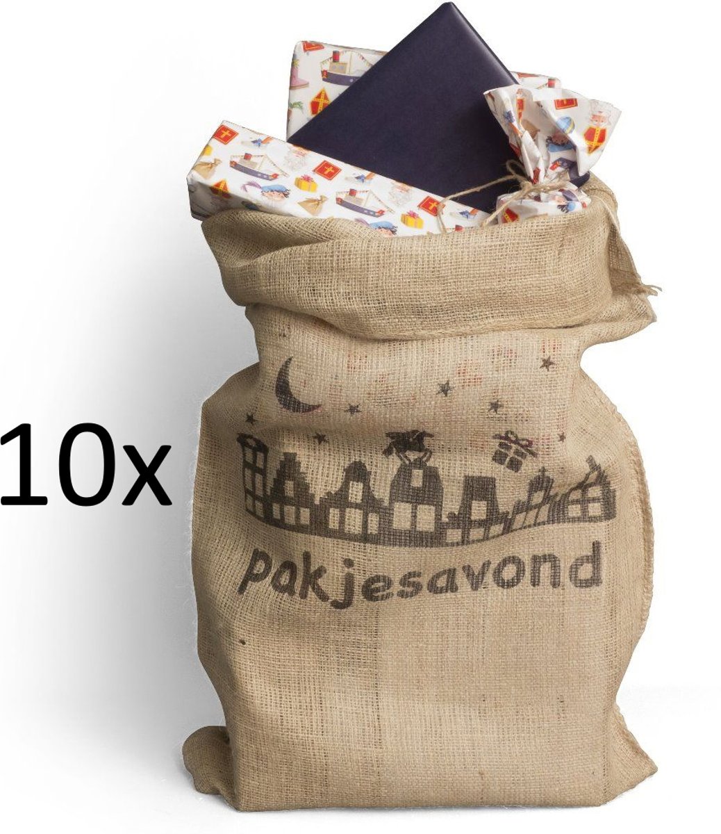 10x Jute Sinterklaas Zak - Pakjesavond opdruk - 60 x 110 cm