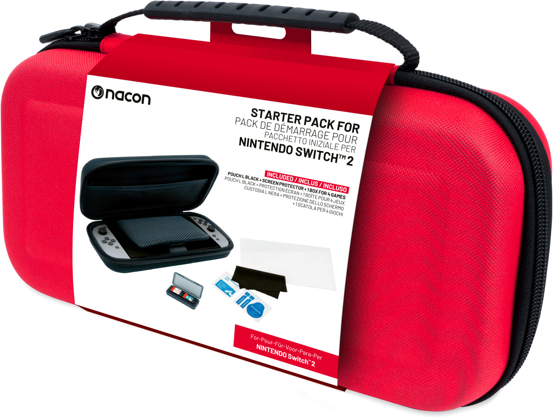 Nacon Switch 2 Starter Pack Pouch (Red) + Tempered Glass Screen Protector + Game Cases
