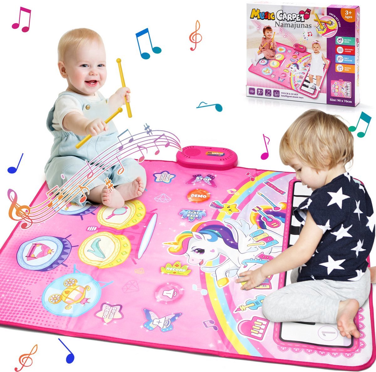Namajunas - 3 in 1 Muziekmat - Kinderspeelgoed 1 2 3 Jaar - Dansmat - Pianomat - Eenhoorn touch speelkleed - Pianoklavier & Drumset met 2 Drumstokken - Cadeau Vroeg Educatief Muzikaal Leerspeelgoed - meisjes en jongens - Babyspeelgoed