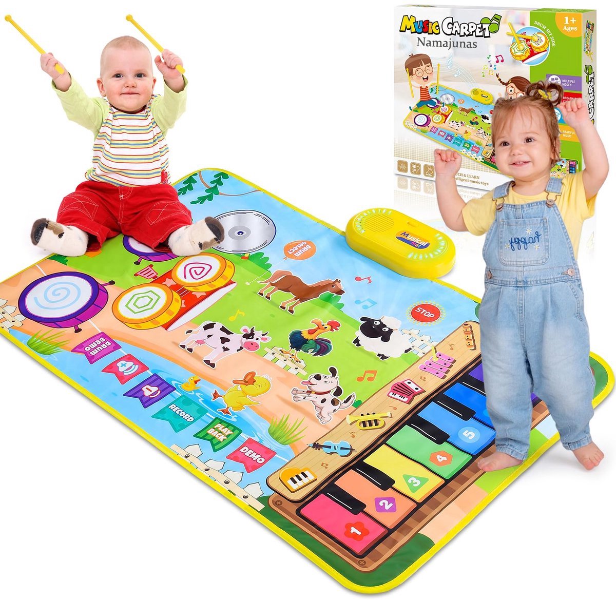 Namajunas - 3 in 1 Muziekmat - Kinderspeelgoed 1 2 3 Jaar - Dansmat - Pianomat - boerderijdier touch speelkleed - Pianoklavier & Drumset met 2 Drumstokken - Cadeau Vroeg Educatief Muzikaal Leerspeelgoed - meisjes en jongens - Babyspeelgoed