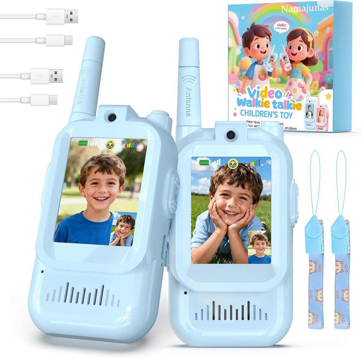 Namajunas - Video Walkie talkie voor kinderen - Oplaadbaar - Kinderspeelgoed - Buitenspeelgoed - Verjaardagscadeaus en speelgoed voor jongens en meisjes van 3 tot 12 jaar - Stemeffecten - Blauw