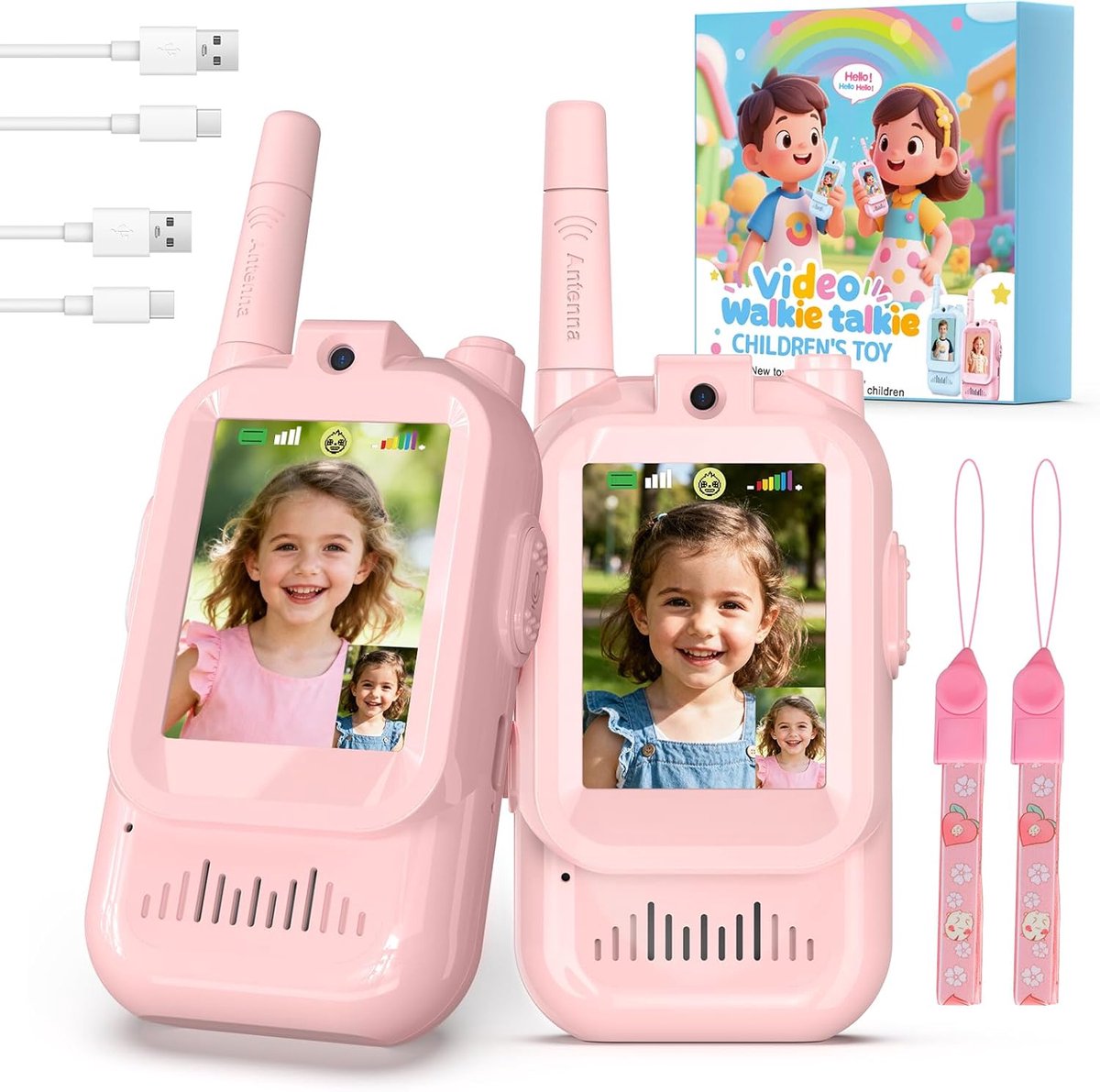 Namajunas - Video Walkie talkie voor kinderen - Oplaadbaar - Kinderspeelgoed - Buitenspeelgoed - Verjaardagscadeaus en speelgoed voor jongens en meisjes van 3 tot 12 jaar - Stemeffecten - Roze