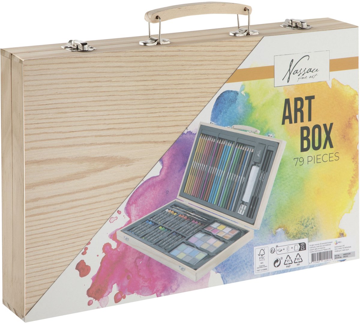 Tekenkoffer 79pcs – Houten Schilderkoffer - Kleurpotloden - Hobbyverf - Penselen - Oliepastels - Tekenen voor kinderen en volwassenen - Nassau Fine Art