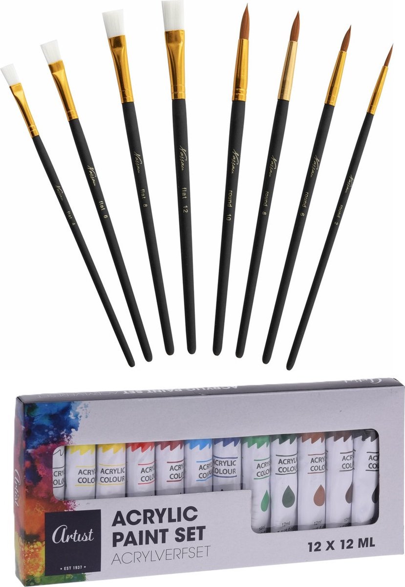 Nassau Hobby Schilder penselen set met palet en verf - hout - 8x penselen - 12 tubes Acrylverf mix kleuren