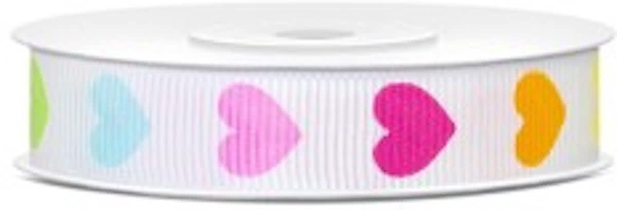 Grosgrain Lint Gekleurde Hartjes, 12 mm Breed, Rol 10 Meter
