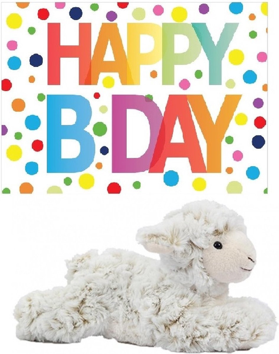 Pluche knuffel lammetje/schaap 22 cm met A5-size Happy Birthday wenskaart - Verjaardag cadeau setje - Een knuffel sturen