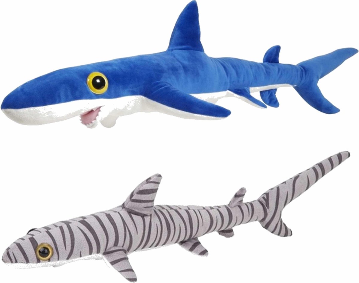 Set van 2x pluche haaien knuffels van 60 cm - Oceaan dieren/vissen - Blauwe haai en tijgerhaai