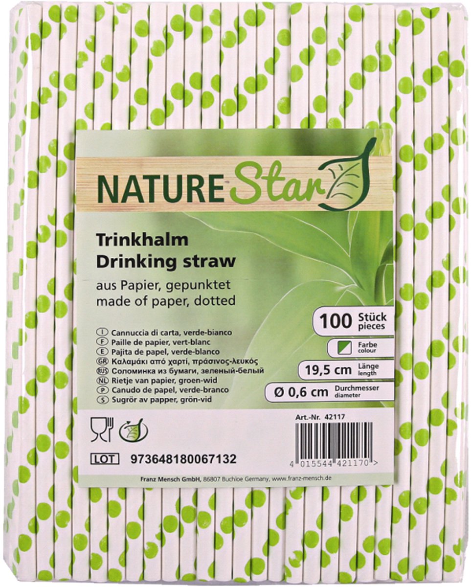 NATURE Star papieren drinkrietje, 197 mm, groen/wit