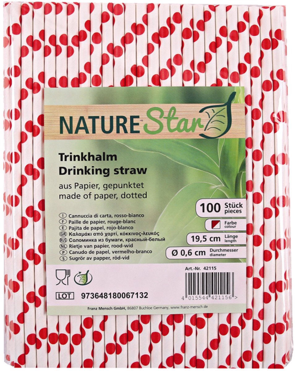 NATURE Star papieren drinkrietje, 197 mm, rood/wit