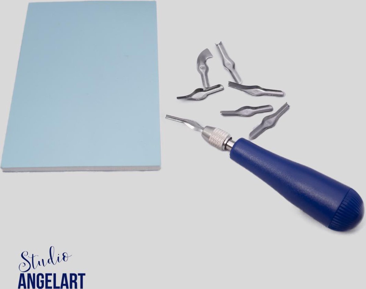 Lino snijgereedschap -Gutsen- Handgreep met 7 mesjes + soft stempel rubber