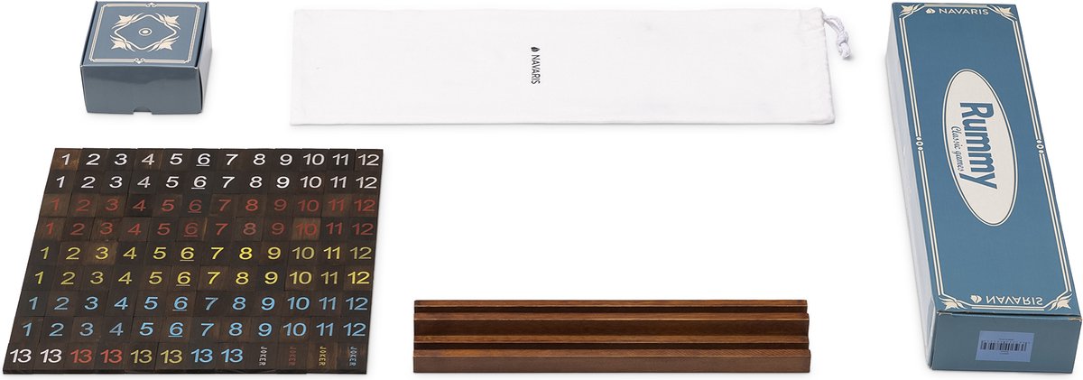 Navaris houten Rummy speelset - Voor 2-4 spelers - 108 steentjes + 4 rekjes - In katoenen zak
