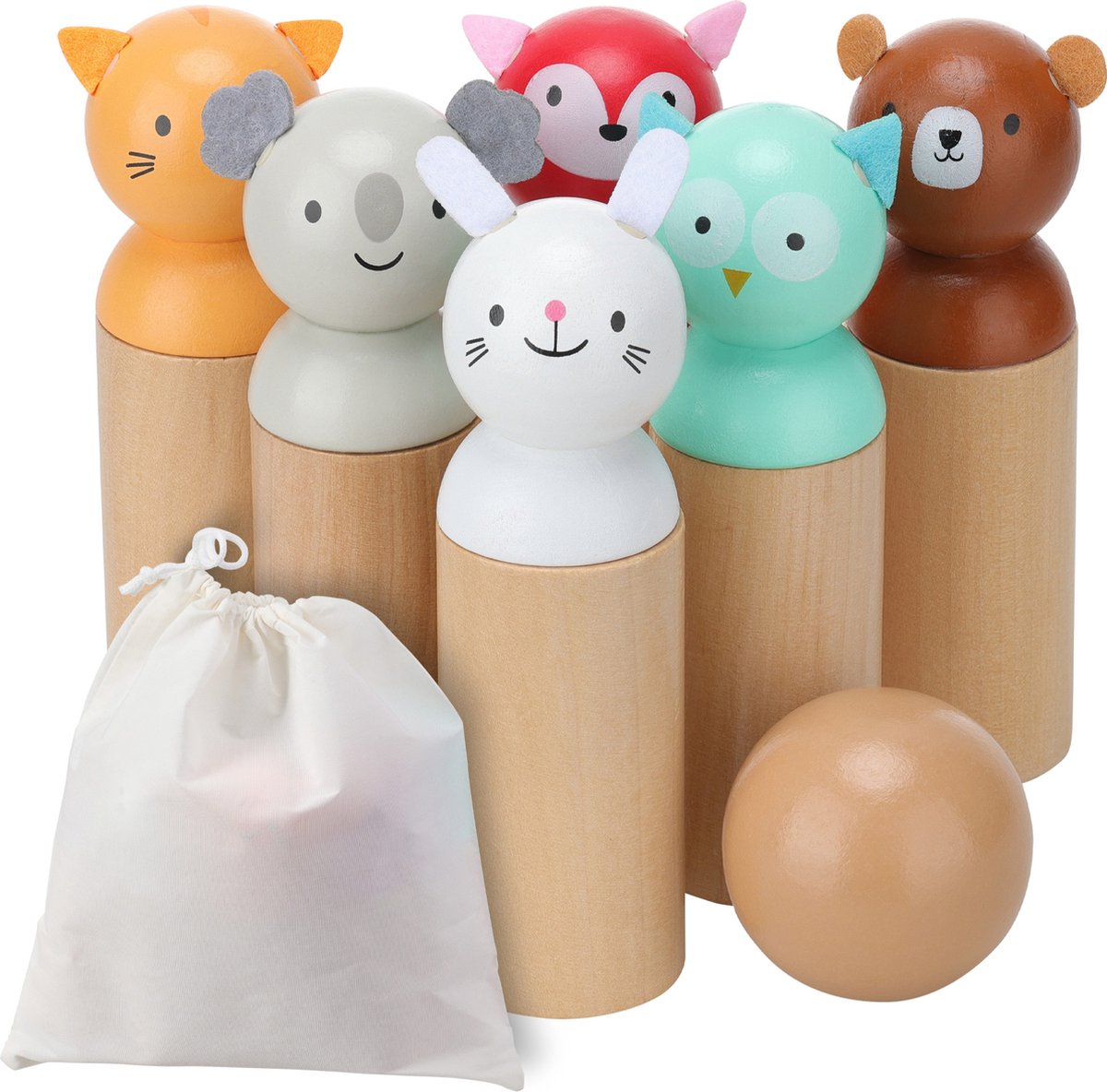 Navaris houten bowlingset voor kinderen - 6 kegels in de vorm van schattige diertjes, een houten bal en opbergtas - ontwikkelt de hand-oogcoördinatie