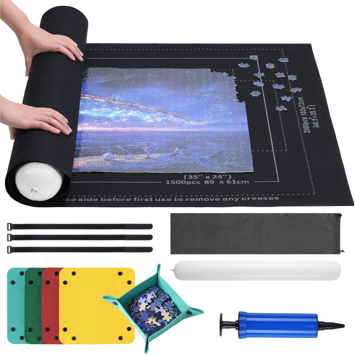 Navaris puzzelmat voor een puzzel tot 2000 stukjes - Portapuzzle - Puzzel mat met puzzel sorteerbakjes - Puzzelrol - Puzzel opbergsysteem - Multikleur