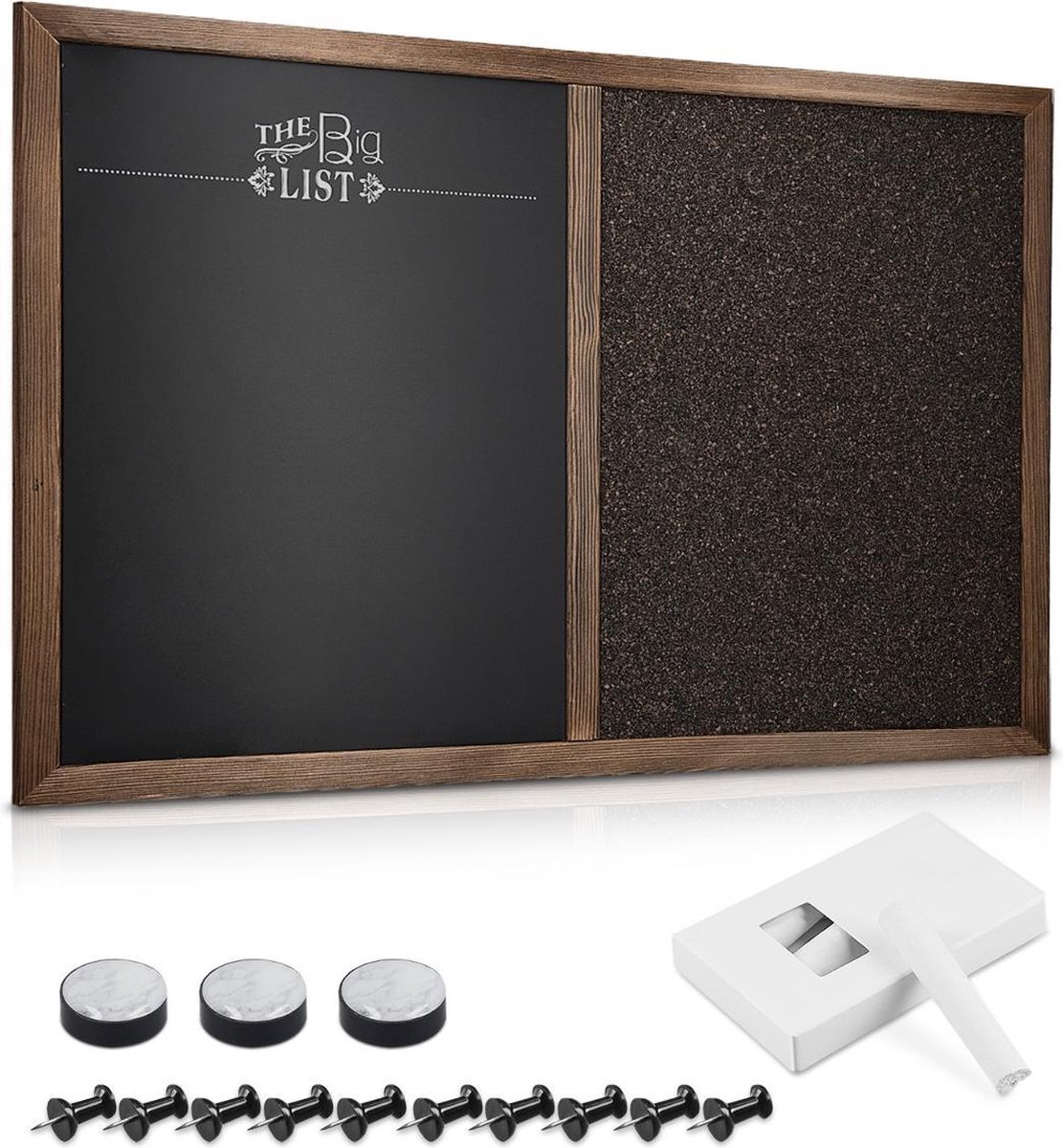 Nava® combinatie krijt- en kurkbord - 40 x 60 cm magnetisch krijtbord combo mededelingenbord met grenen houten frame - inclusief krijt, push pins, magneten