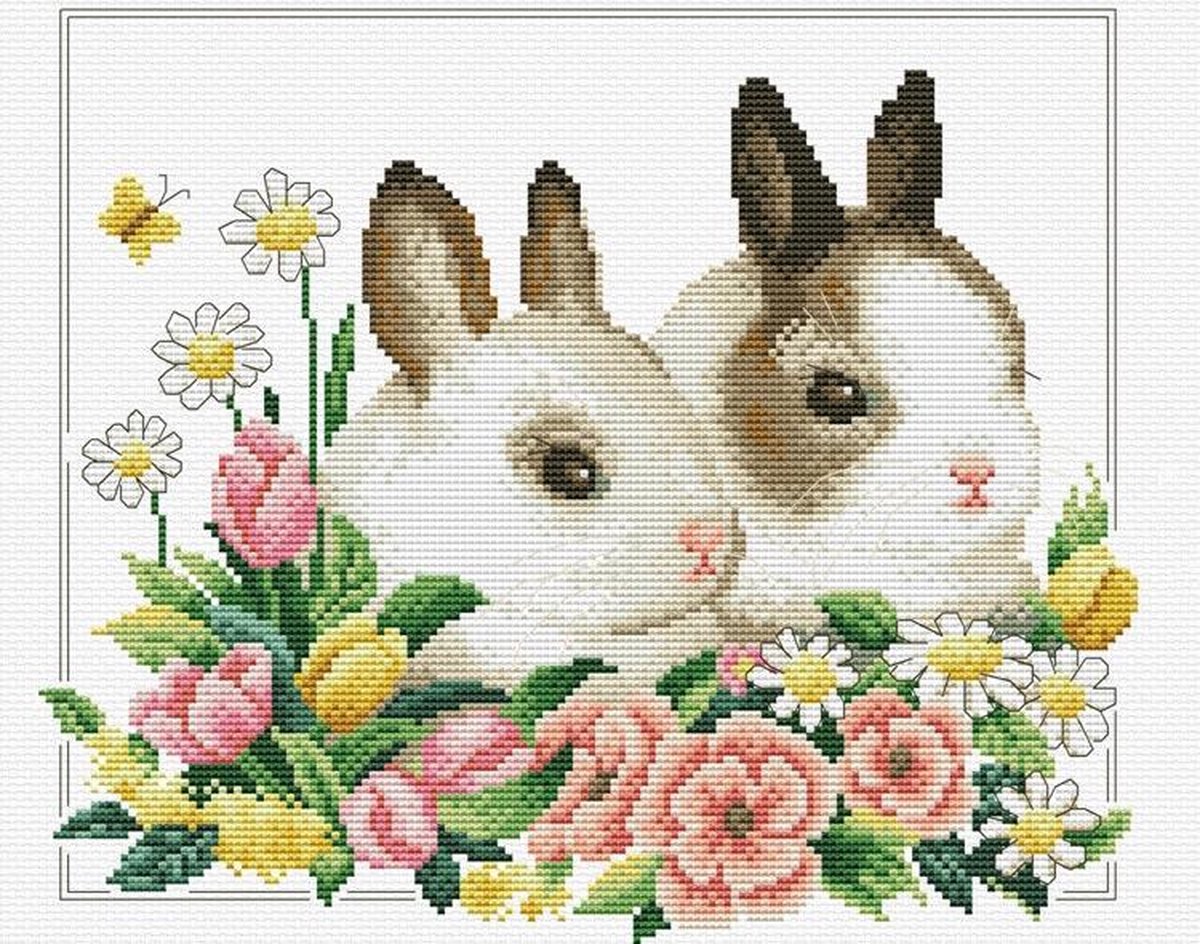 440.102 No Count Cross stitch Spring Bunnies 26.3x22.5cm