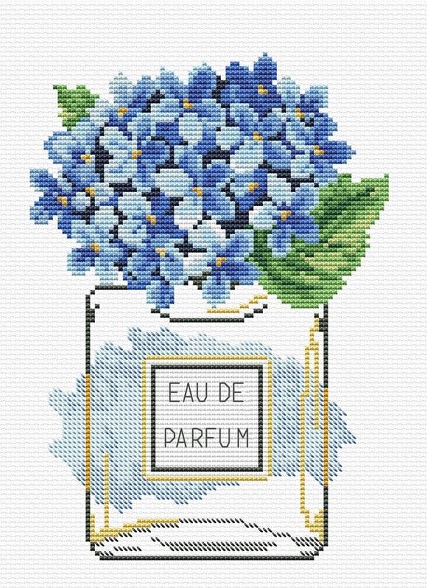 Voorbedrukt borduurpakket blauwe hortensia op aida Needleart World 340.036