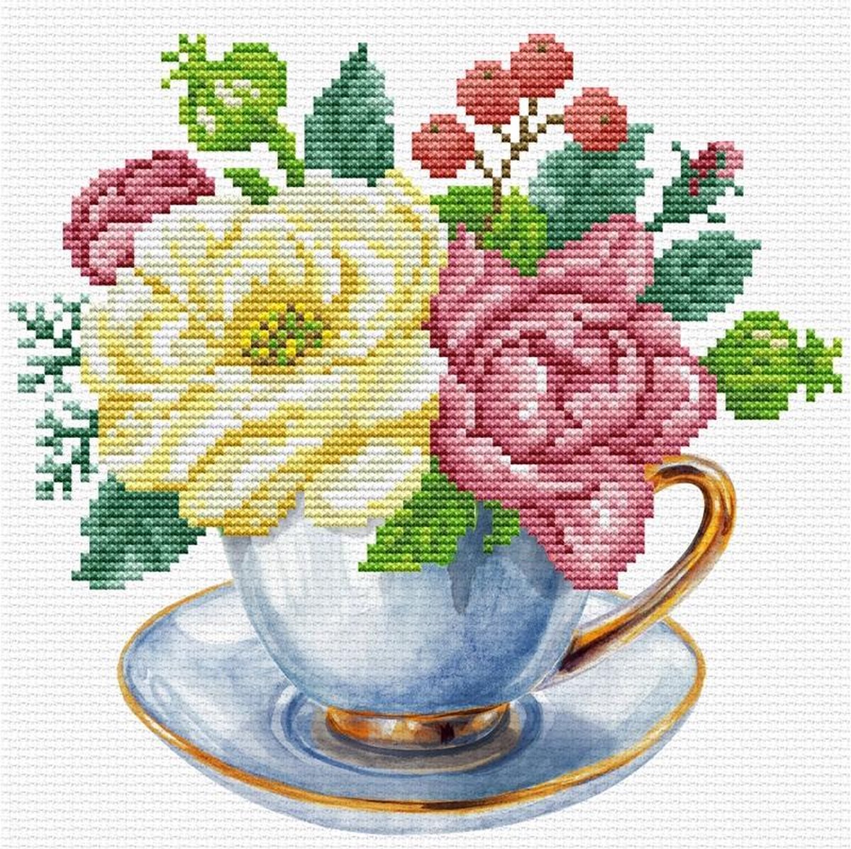 Voorbedrukt borduurpakket blauwe kop met bloemen op aida Needleart World 250.001