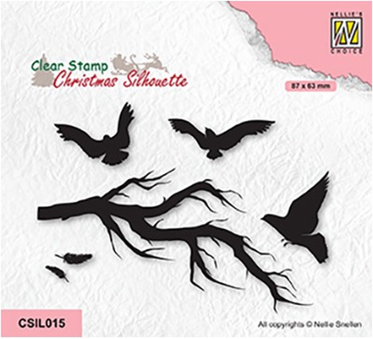 CSIL015 Nellie Snellen Silhouette Clear Stamp - Branch with Birds - kerst stempel tak en vogels - kale takken - veertjes 3x vogel vliegend - kerstmis
