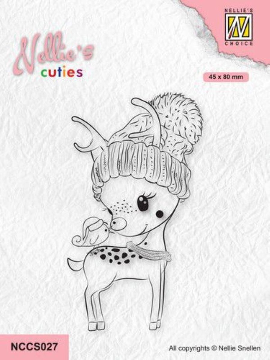 NCCS027 - Nellie Snellen Clear Stamp - Hi There, a Merry Christmas - stempel kerst - rendier met muts en vogel - Nellies cuties